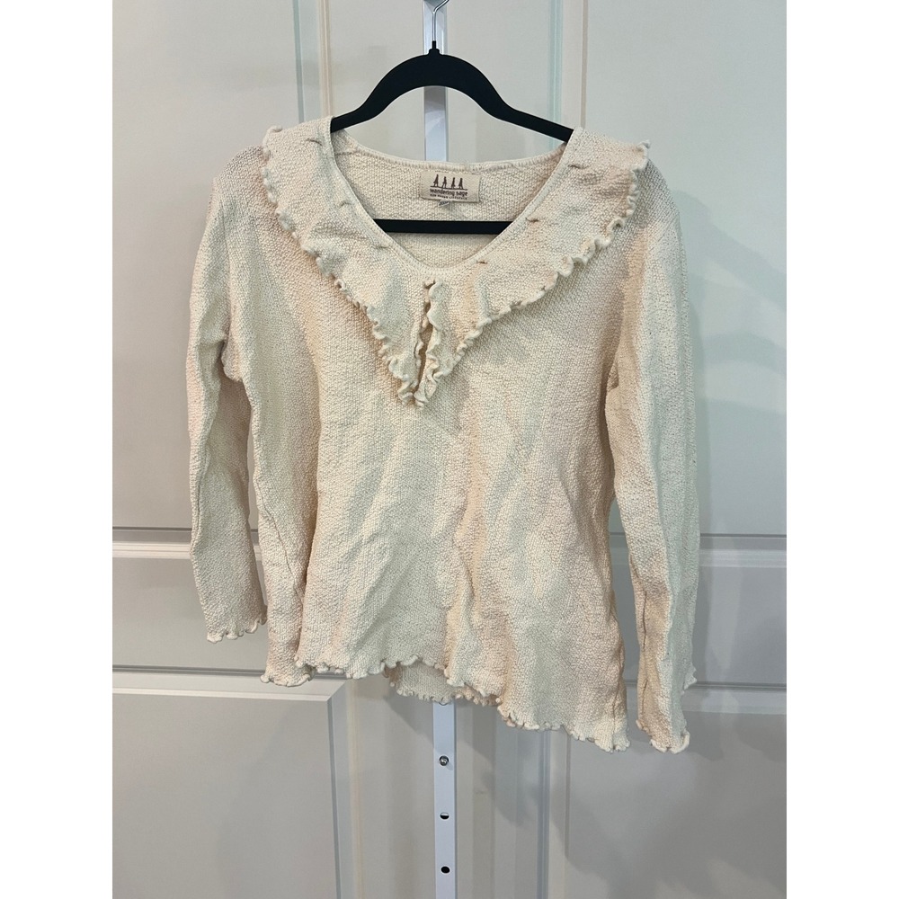 Wandering Sage Women Ivory Cotton Knit Ruffle Neck Sweater L Cream Peru
